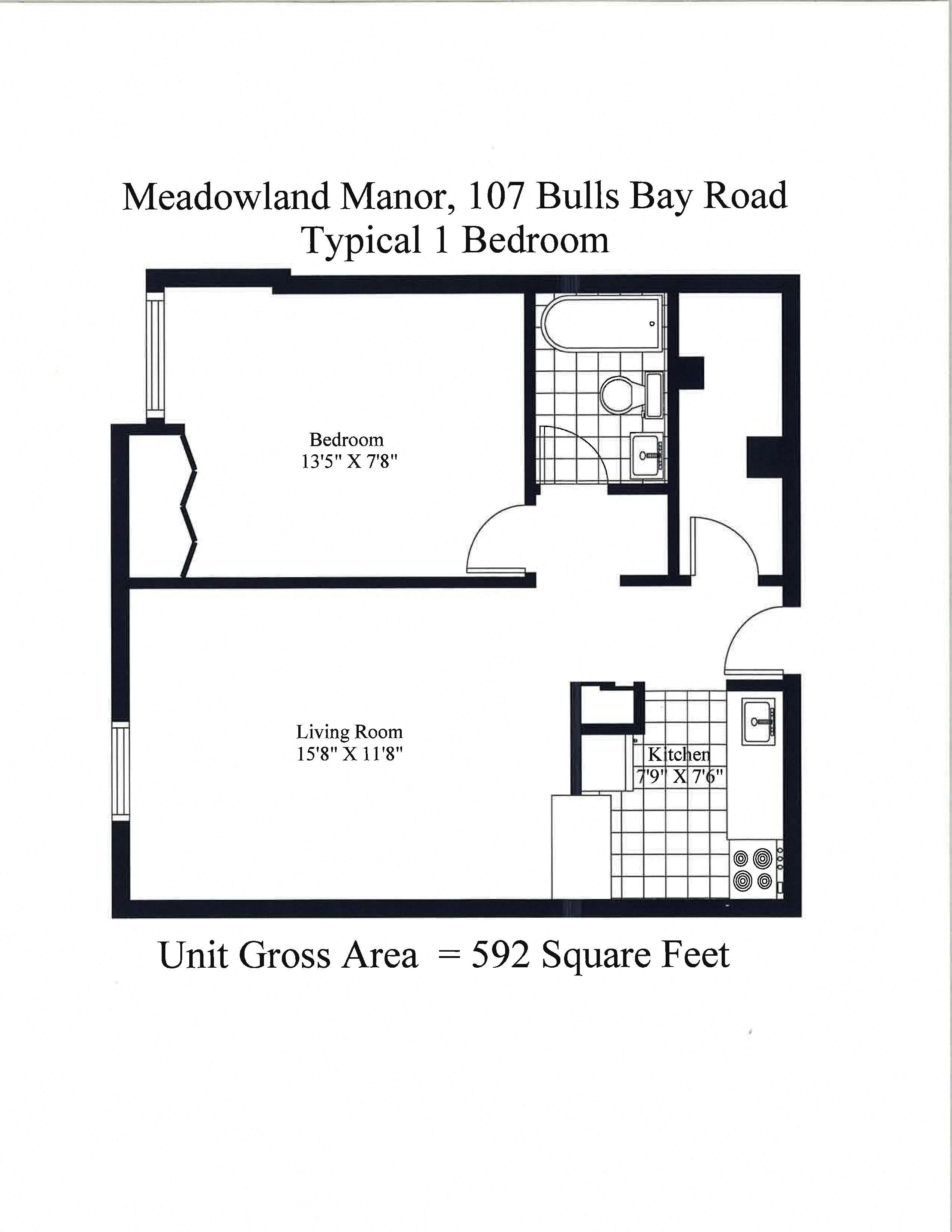 Floor plan for 1 bed, 1 bath, 592 sqft
